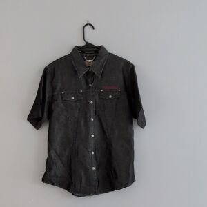 Harley‎ Davidson Black Denim Snap Button Shirt XL Red Embroidered Flame's